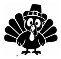 Cartoon turkey wearing a pilgrim hat with tail feathers spread