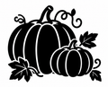 Two black pumpkin silhouettes with curling vines and autumn leaves