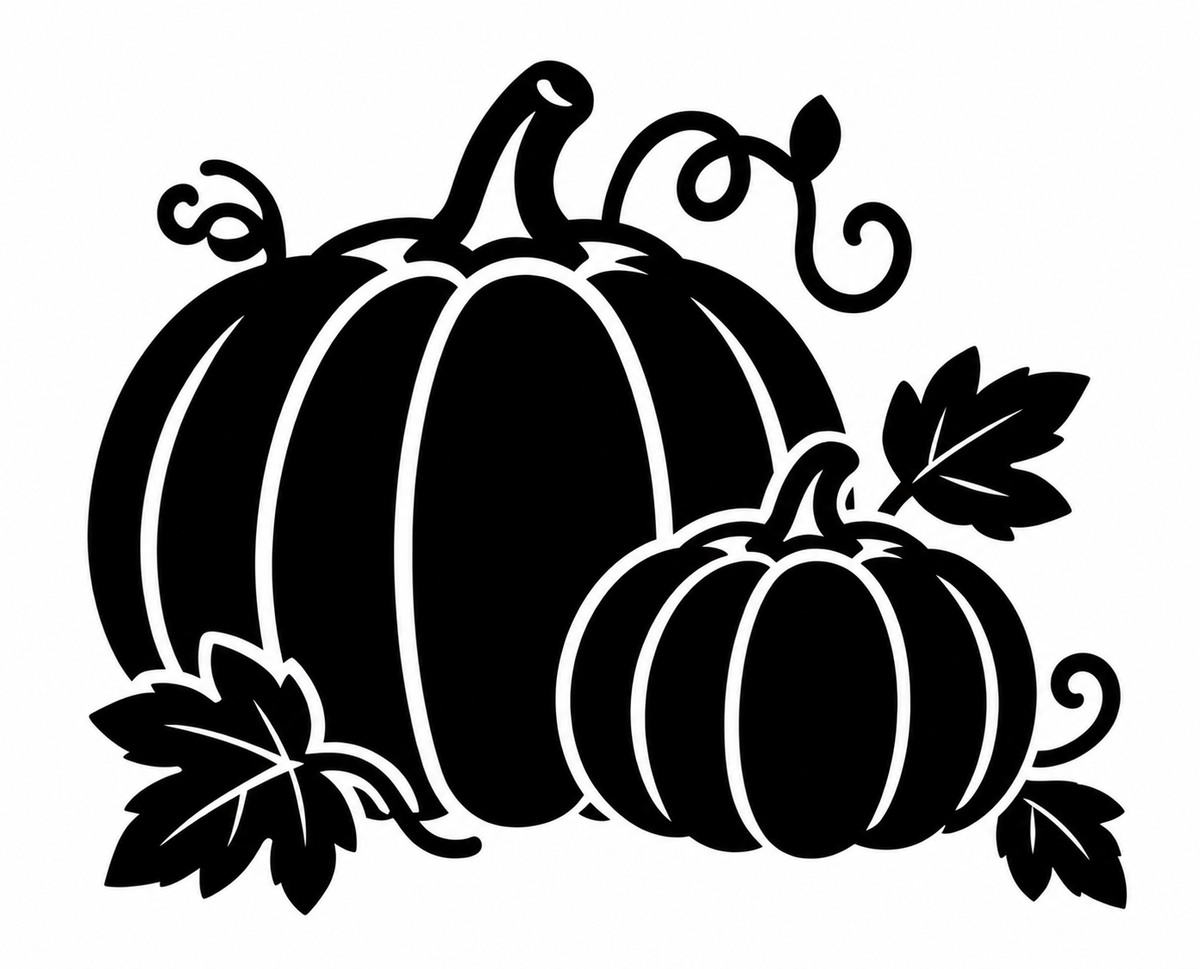 Two black pumpkin silhouettes with curling vines and autumn leaves