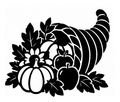 Cornucopia with pumpkins apples and autumn leaves