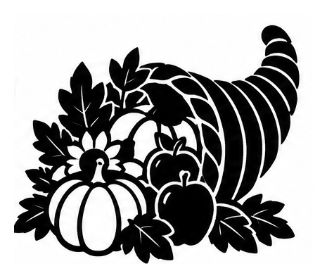 Cornucopia with pumpkins apples and autumn leaves