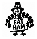 Cartoon turkey in pilgrim hat holding an Eat Ham sign