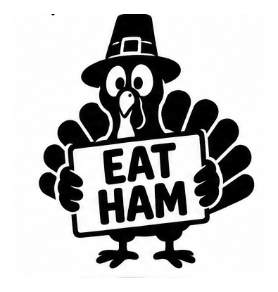 Cartoon turkey in pilgrim hat holding an Eat Ham sign