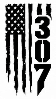 307 Distressed Flag Bold Decal - Tattered vertical American flag with bold block 307 Wyoming area code numerals stacked on the right side