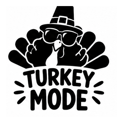 Turkey in sunglasses and pilgrim hat above Turkey Mode lettering
