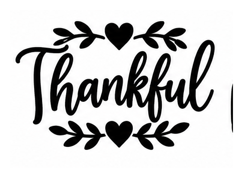 Thankful lettering framed by leafy branches and heart accents