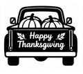 Pickup truck carrying two pumpkins with Happy Thanksgiving lettering