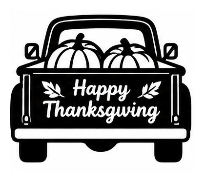 Pickup truck carrying two pumpkins with Happy Thanksgiving lettering