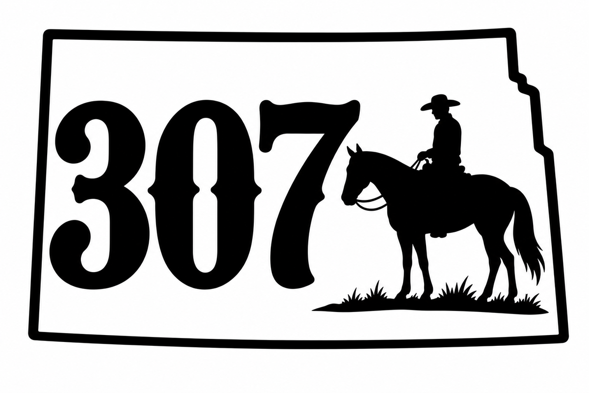 307 Wyoming State Cowboy Decal - Wyoming state outline with 307 and cowboy on horseback silhouette