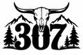 307 Bull Skull Mountain Decal - Wyoming area code with longhorn skull, mountains, and pine trees