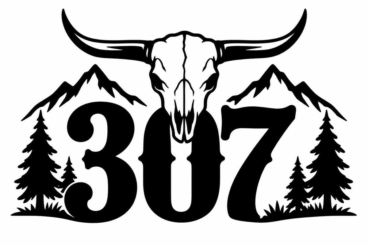 307 Bull Skull Mountain Decal - Wyoming area code with longhorn skull, mountains, and pine trees