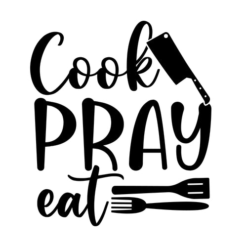 Cook Pray Eat vinyl sticker with cleaver fork and spatula