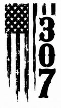 307 Distressed American Flag Decal - Wyoming area code with weathered American flag