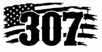 307 Distressed Flag Decal - Tattered horizontal American flag with bold 307 Wyoming area code numerals