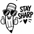 Smiling pencil wearing sunglasses with Stay Sharp text vinyl decal