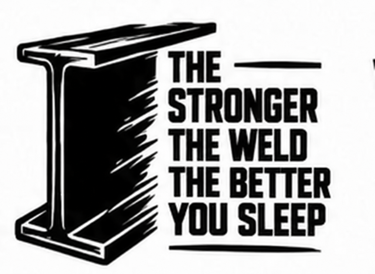 Black vinyl decal featuring an I-beam and the phrase The Stronger the Weld the Better You Sleep