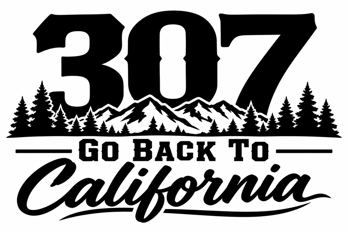 307 Go Back to California Script Decal - Bold 307 with mountains, pine trees, and Go Back to California script lettering