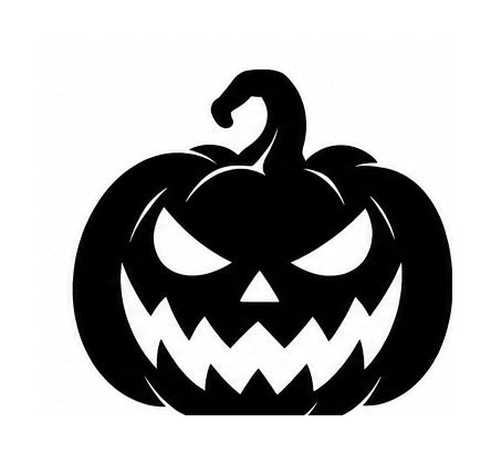 Black jack-o'-lantern silhouette with narrowed eyes and a sharp jagged grin
