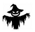 Grinning jack-o'-lantern scarecrow in a witch hat with outstretched ragged arms and claws