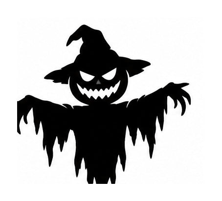 Grinning jack-o'-lantern scarecrow in a witch hat with outstretched ragged arms and claws