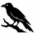 Black raven in profile perched on a bare crooked branch