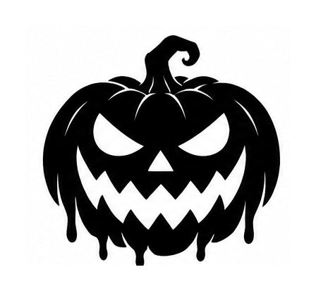 Black jack-o'-lantern with fierce eyes, jagged teeth, and a dripping lower edge