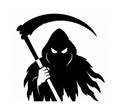 Black hooded grim reaper with glowing white eyes holding a large curved scythe