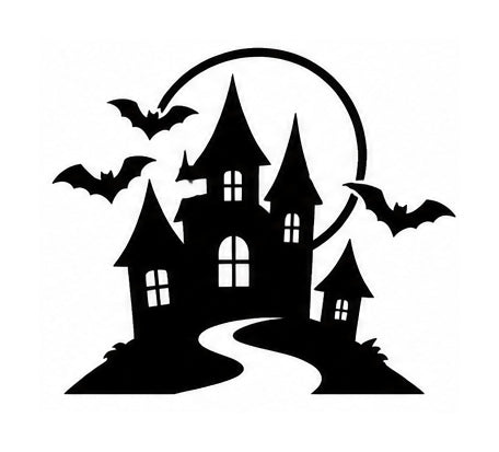 Black haunted castle with pointed towers, bats, full moon, and winding path