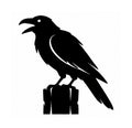 Black raven silhouette perched on a post with its beak open