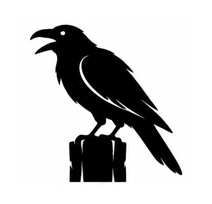 Black raven silhouette perched on a post with its beak open