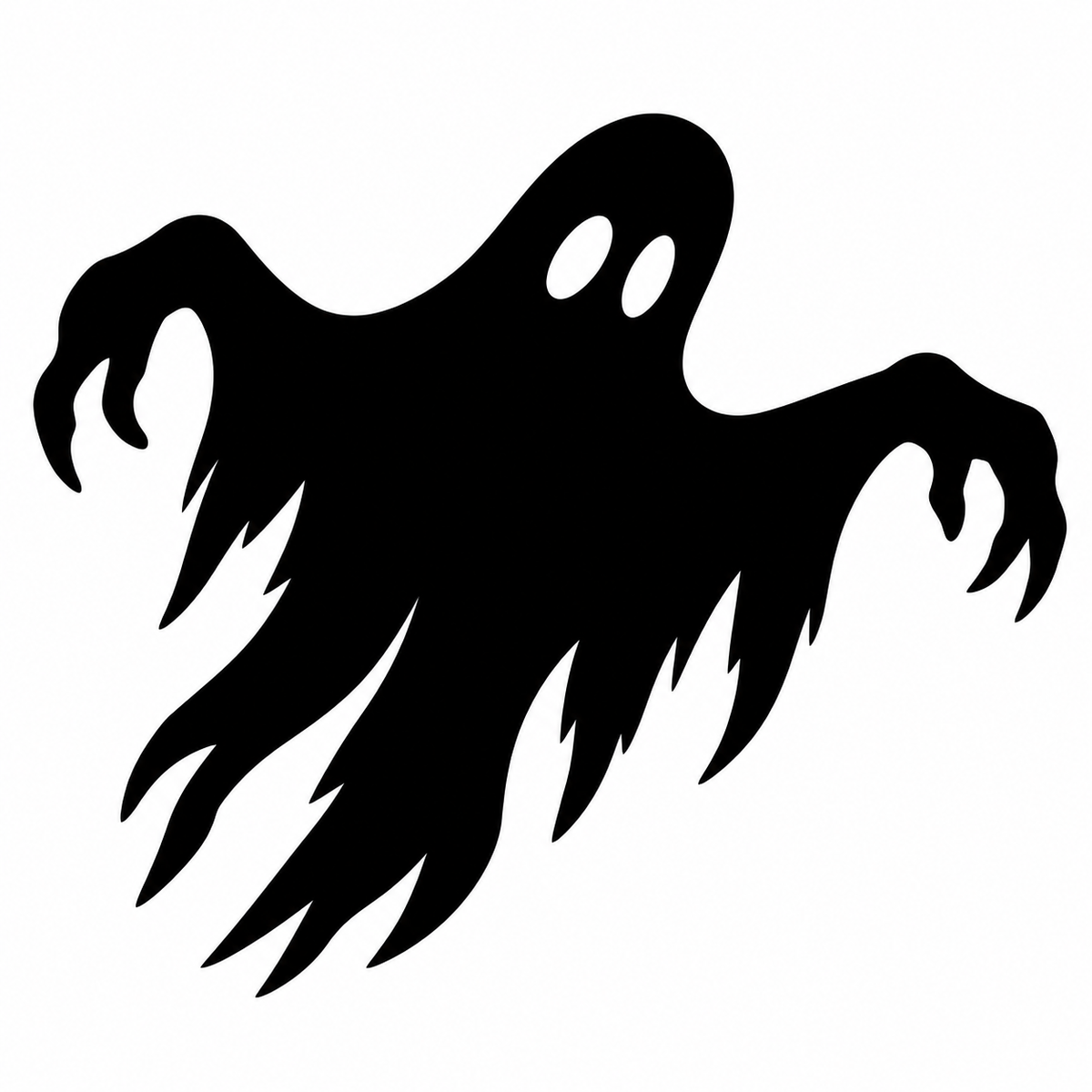 Black floating ghost silhouette with oval eyes, reaching hands, and trailing edges