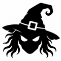 Black witch face silhouette with sharp white eyes, wild hair, and a curled pointed hat