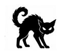 Black cat silhouette with arched back, raised fur, curled tail, and white eyes