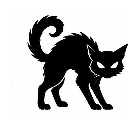 Black cat silhouette with arched back, raised fur, curled tail, and white eyes