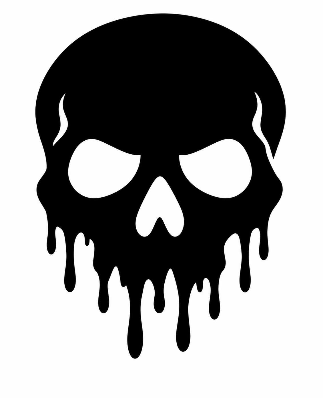 Black skull face silhouette with hollow white eyes and long dripping lower edge