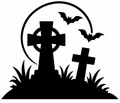 Black graveyard silhouette with two cross-shaped markers, tall grass, bats, and full moon