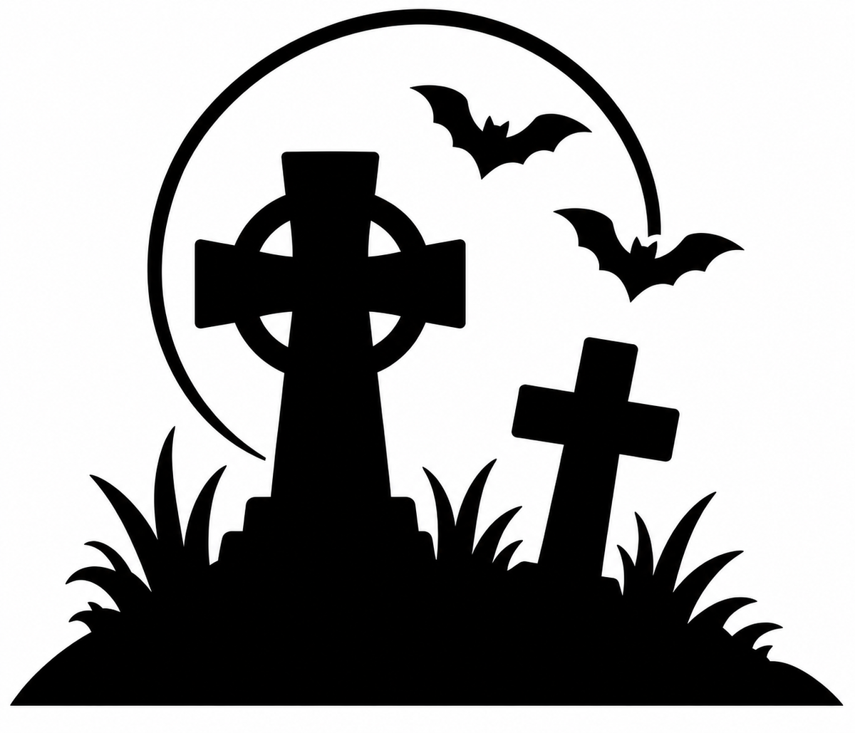Black graveyard silhouette with two cross-shaped markers, tall grass, bats, and full moon