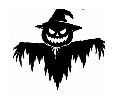 Black pumpkin-faced scarecrow with jagged grin, crooked witch hat, and ragged outstretched arms