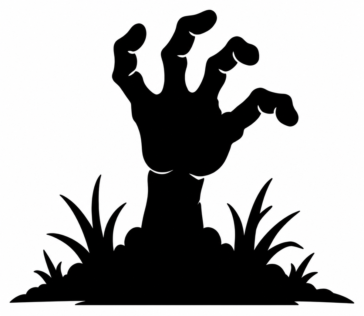 Black clawlike zombie hand reaching up from a grassy grave mound
