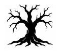 Black leafless tree silhouette with twisted branches and sprawling roots