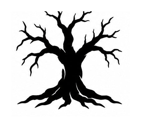 Black leafless tree silhouette with twisted branches and sprawling roots