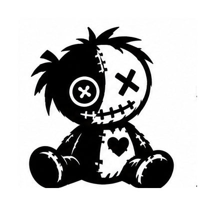 Seated stitched doll silhouette with a button eye, X-shaped eye, messy hair, and heart on chest