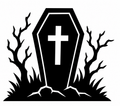 Black coffin with white cross between two bare trees above cracked ground and grass