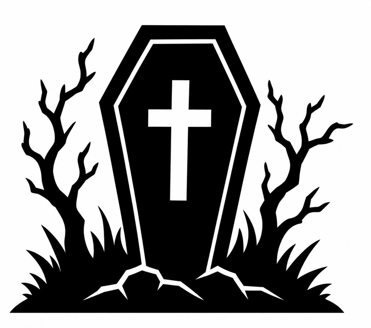 Black coffin with white cross between two bare trees above cracked ground and grass