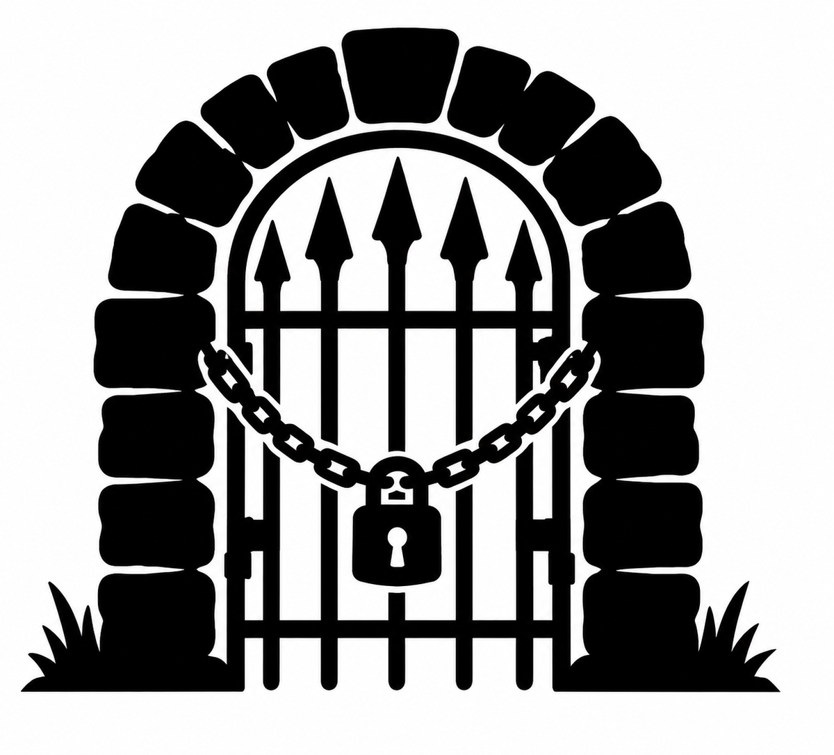 Black pointed iron gate under stone arch secured with chain and padlock