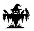 Pumpkin-faced scarecrow in a crooked hat with three birds perched on ragged outstretched arms