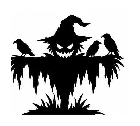 Pumpkin-faced scarecrow in a crooked hat with three birds perched on ragged outstretched arms