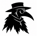 Black plague doctor silhouette with beaked mask, round eyepiece, broad top hat, ragged cloak, and cross pendant