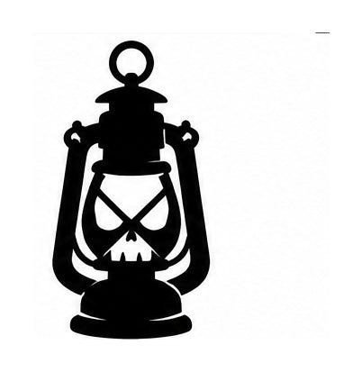 Black vintage lantern silhouette with skull-like face, X-shaped eyes, and jagged teeth
