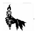 Black ragged-sleeved hand holding a dripping candle with flame